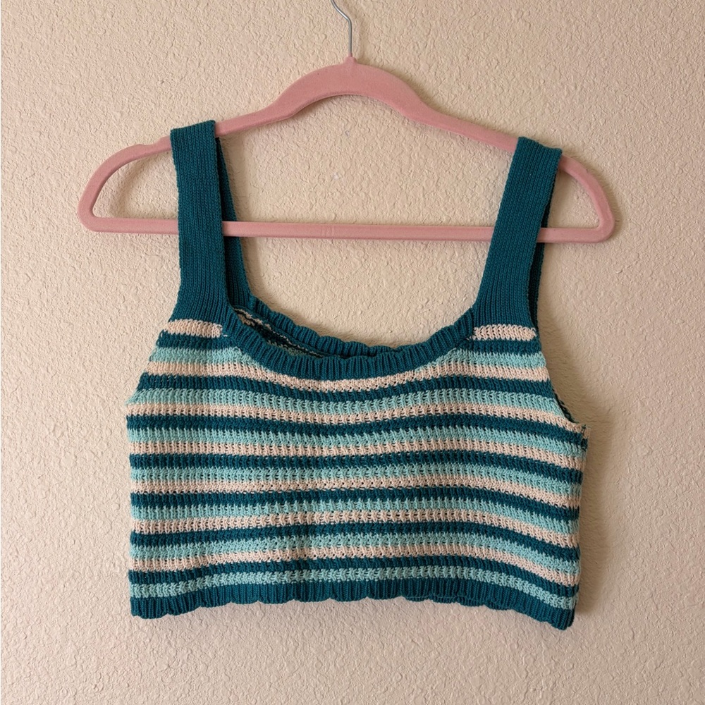 Striped Knit Crop Tank in Teal and Cream